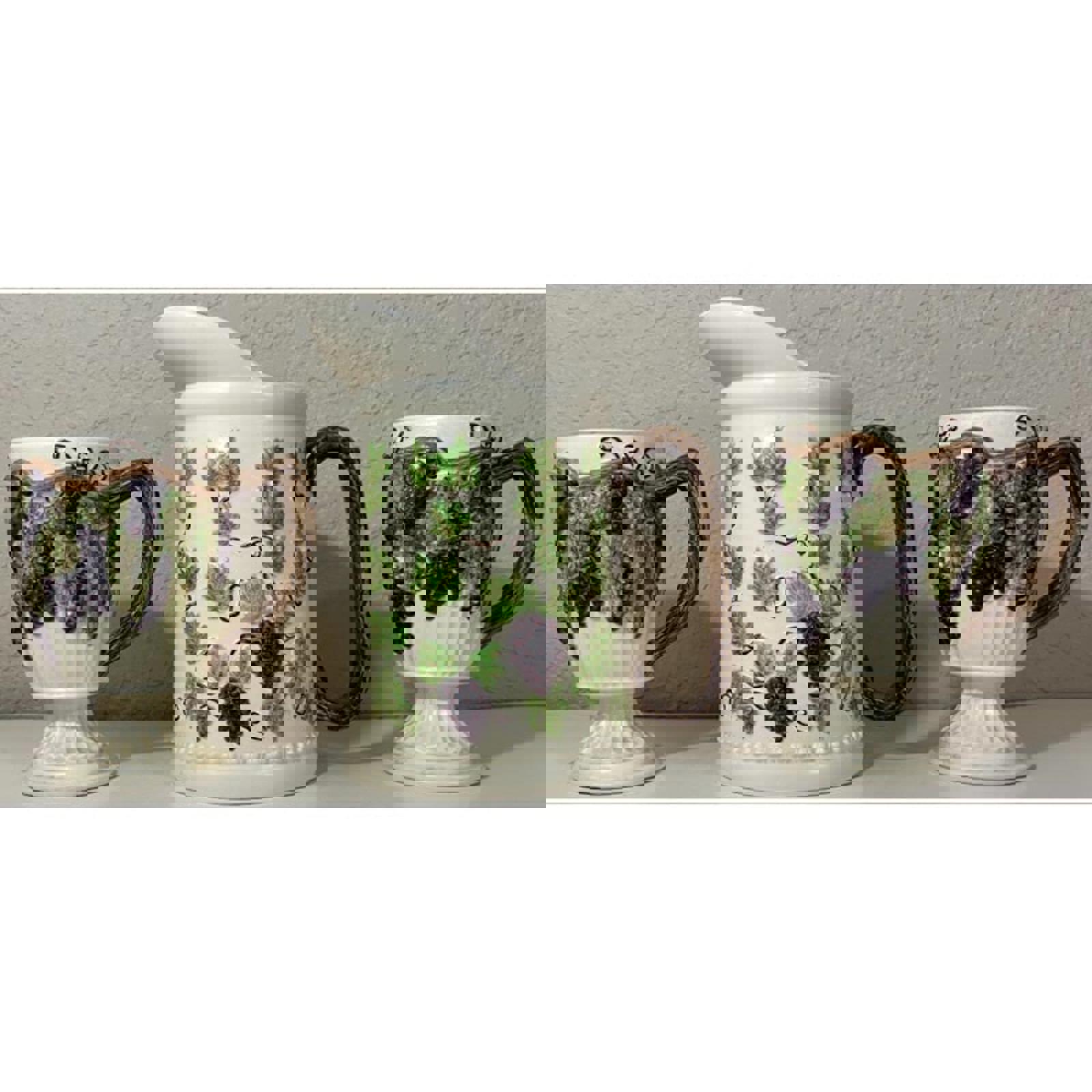 Vintage Ceramic Pitcher With 2 Mugs Floral Grapes Leaves Brown Green Purple