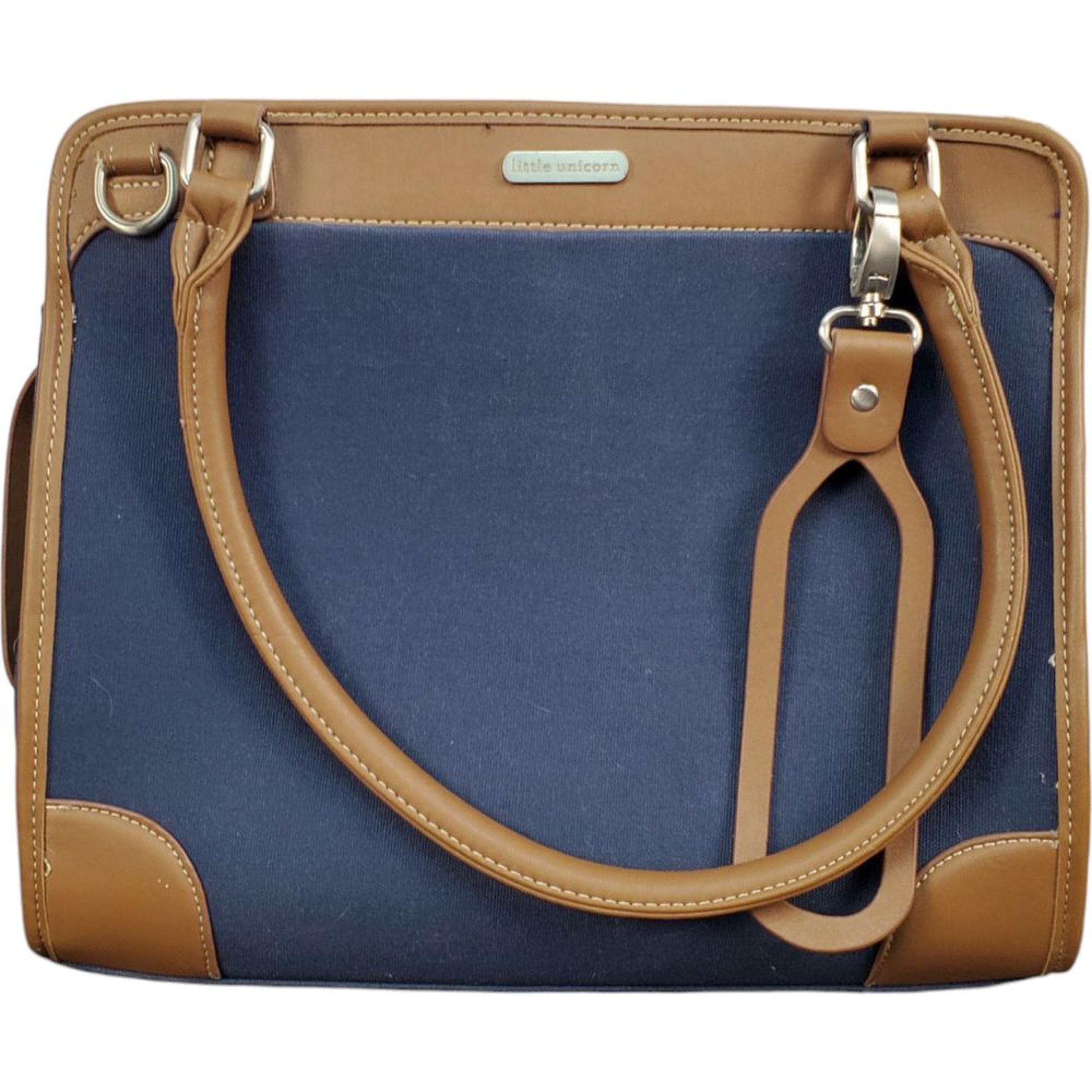 Little Unicorn Manifest Weekender Diaper Bag Blue Side Zipper Logo Leather Strap