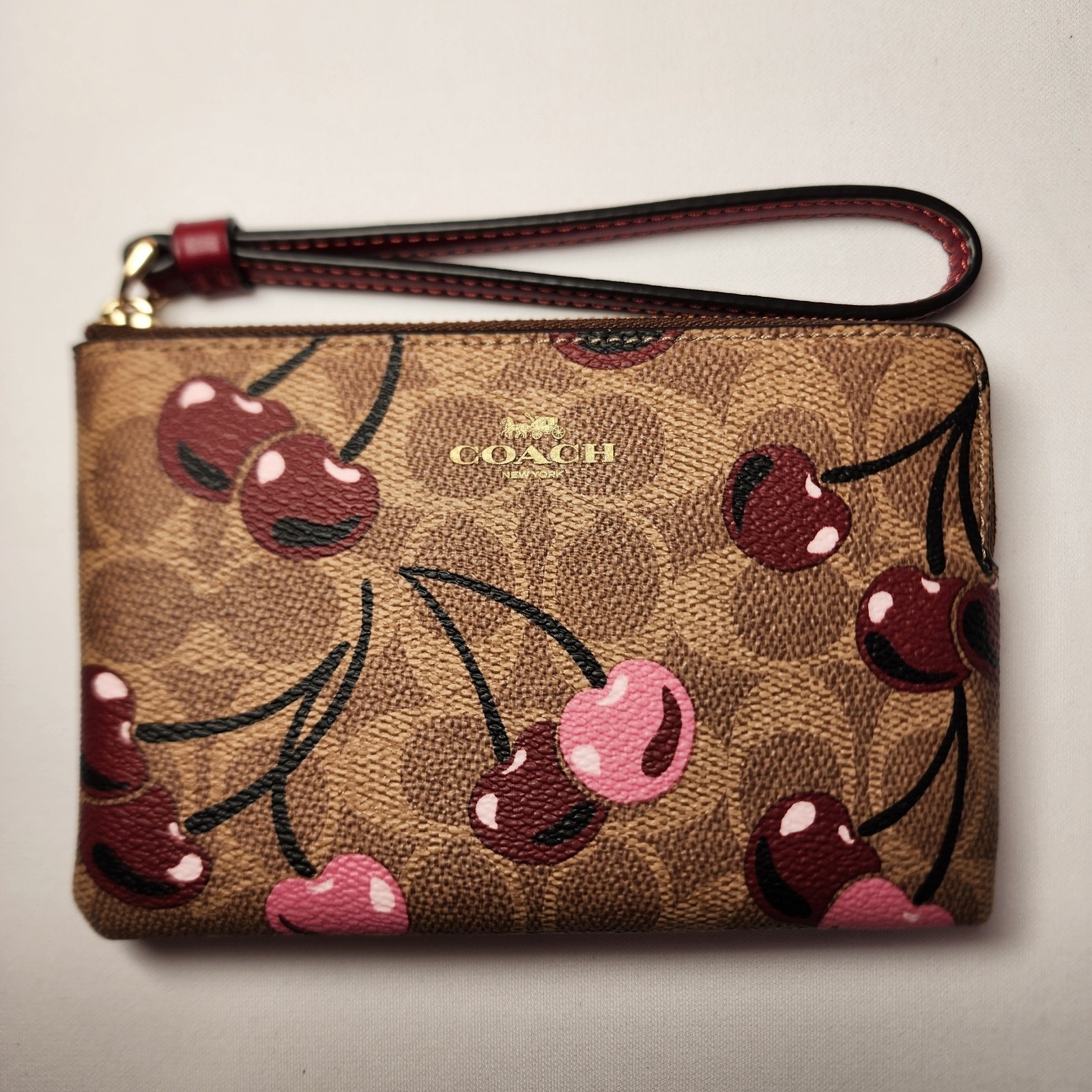 NWT Coach CZ450 Corner Zip Wristlet Signature Canvas Cherry Print Tan Multi v2