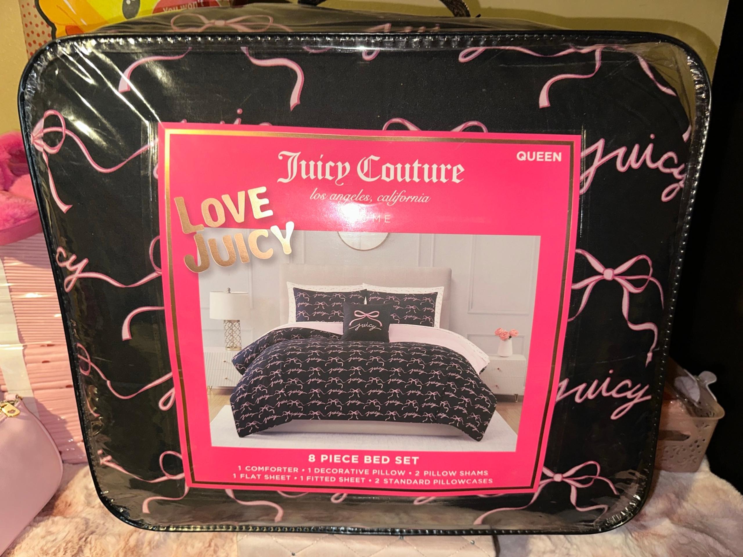 juicy couture black pink bow 8pc reversible bow queen bedding comforter set new