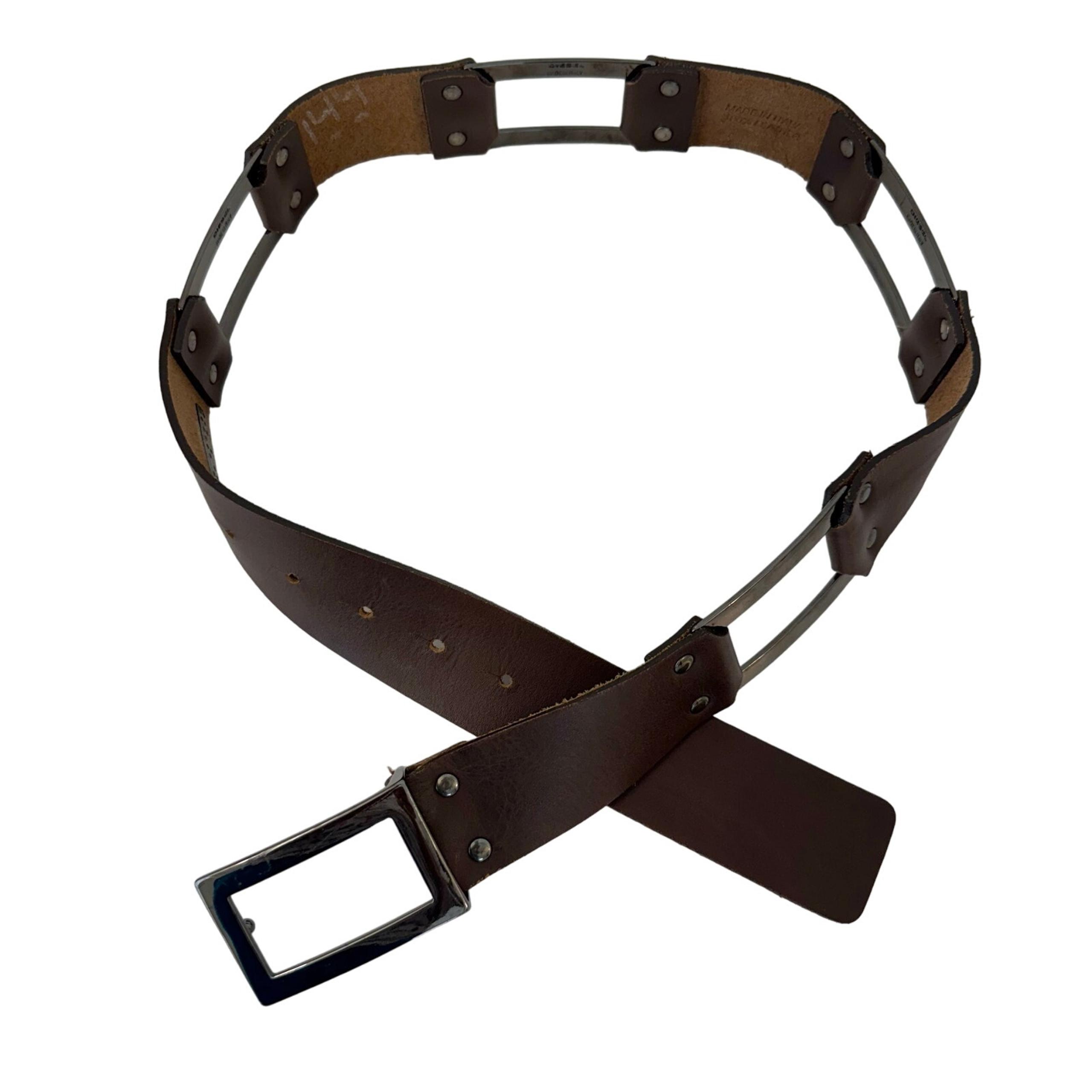 Diesel Black Gold Leather Belt Square Metal Links Brown Made in Italy Size 32/80