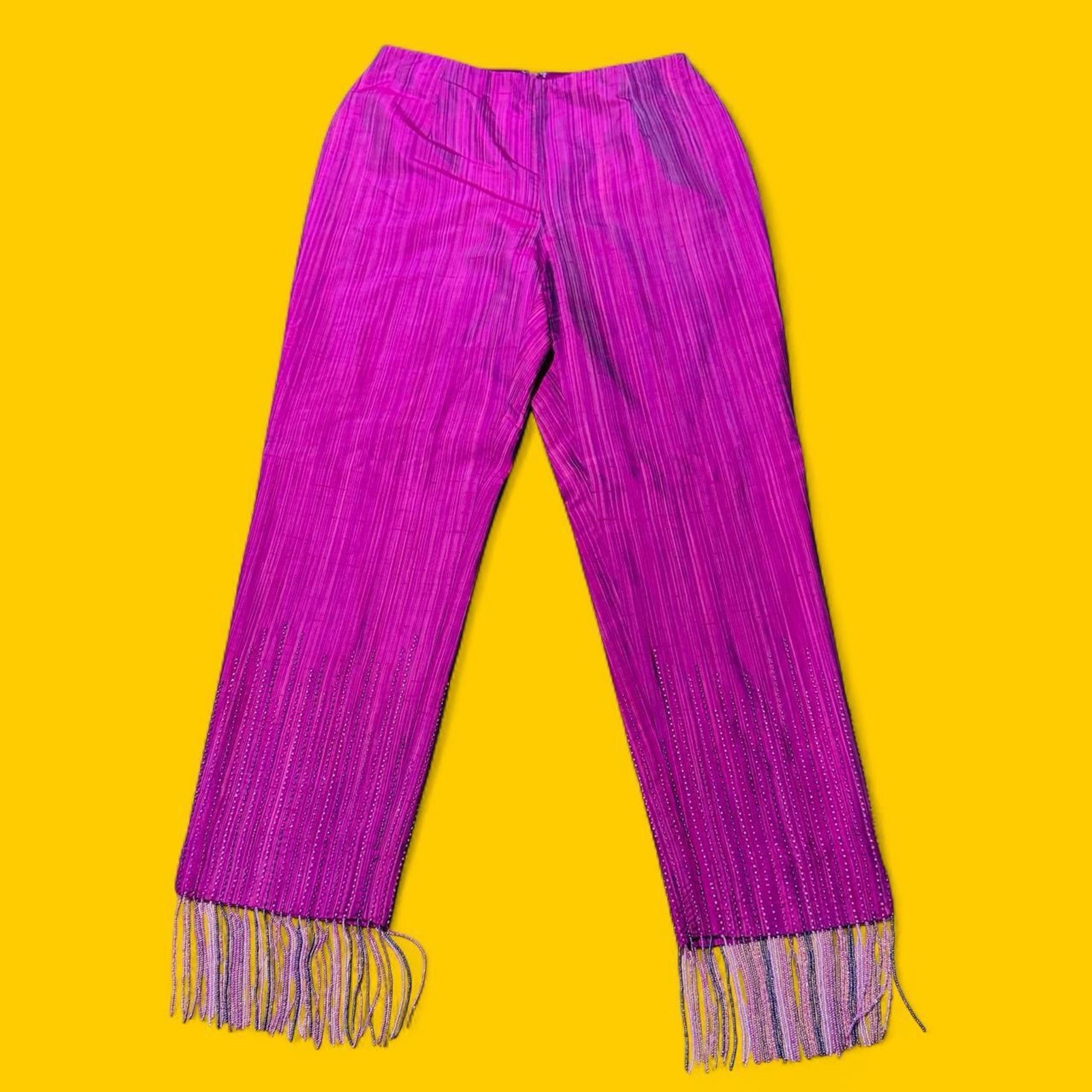 Fuchsia Hot Pink Silk Fringe Bead Pants 2