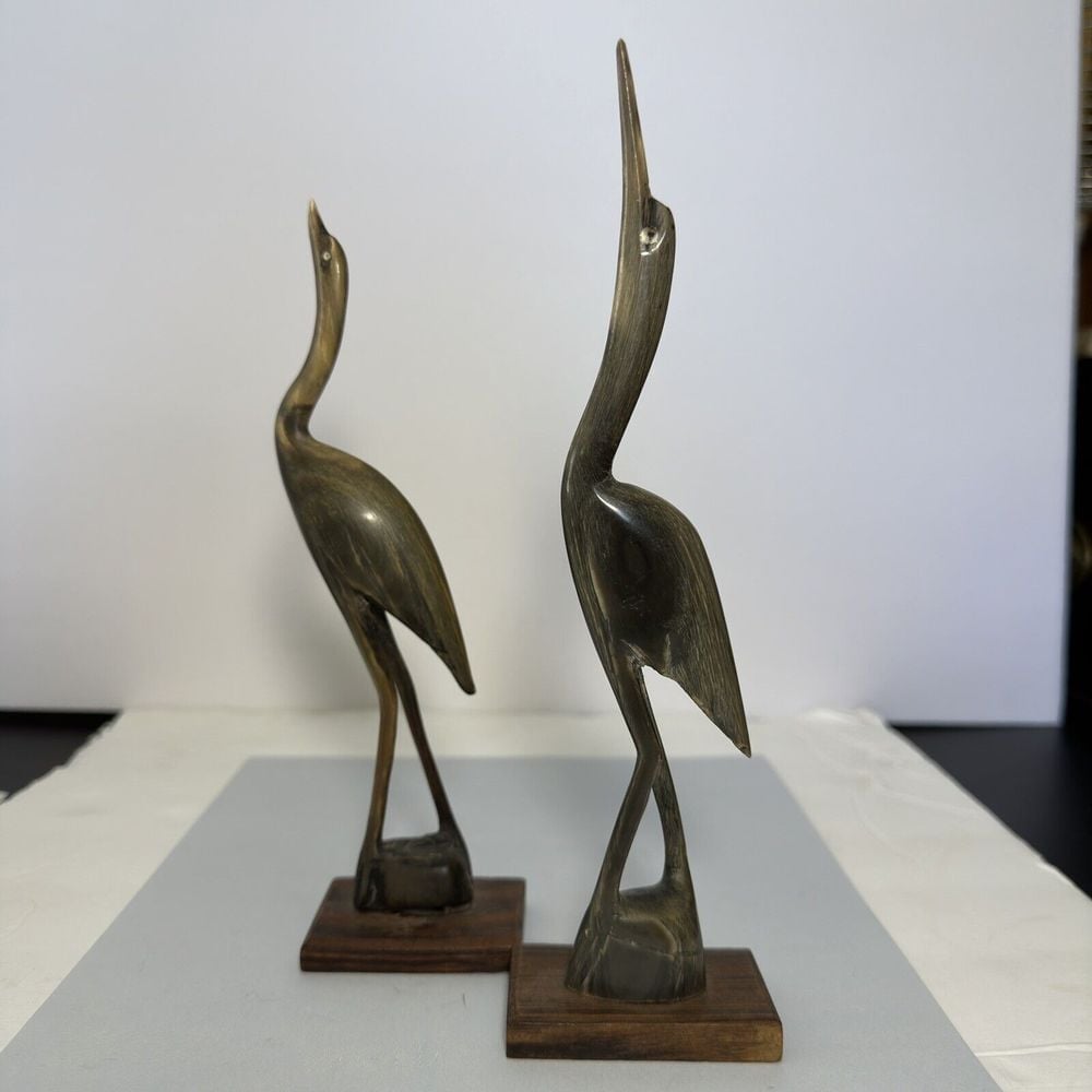 Pair Vintage Hand Carved Buffalo Horn Crane / Heron / Egret Figurines