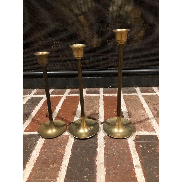3 vintage brass skinny candlestick holders 9-8-7.5 inches tall