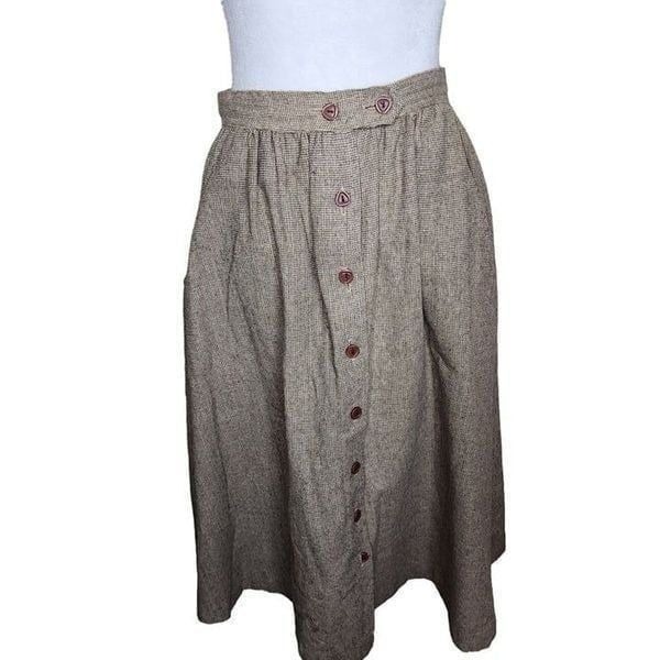 Vintage 70s 80s ALine Mid Length Skirt Button Front Womens Size M Brown Pockets
