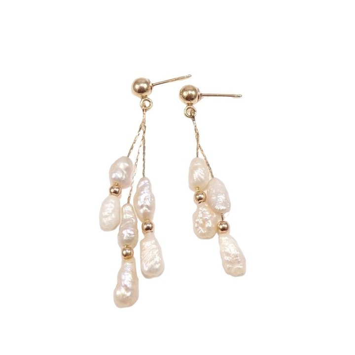 Solid 14K Yellow Gold Natural Pearl Dangle Earrings