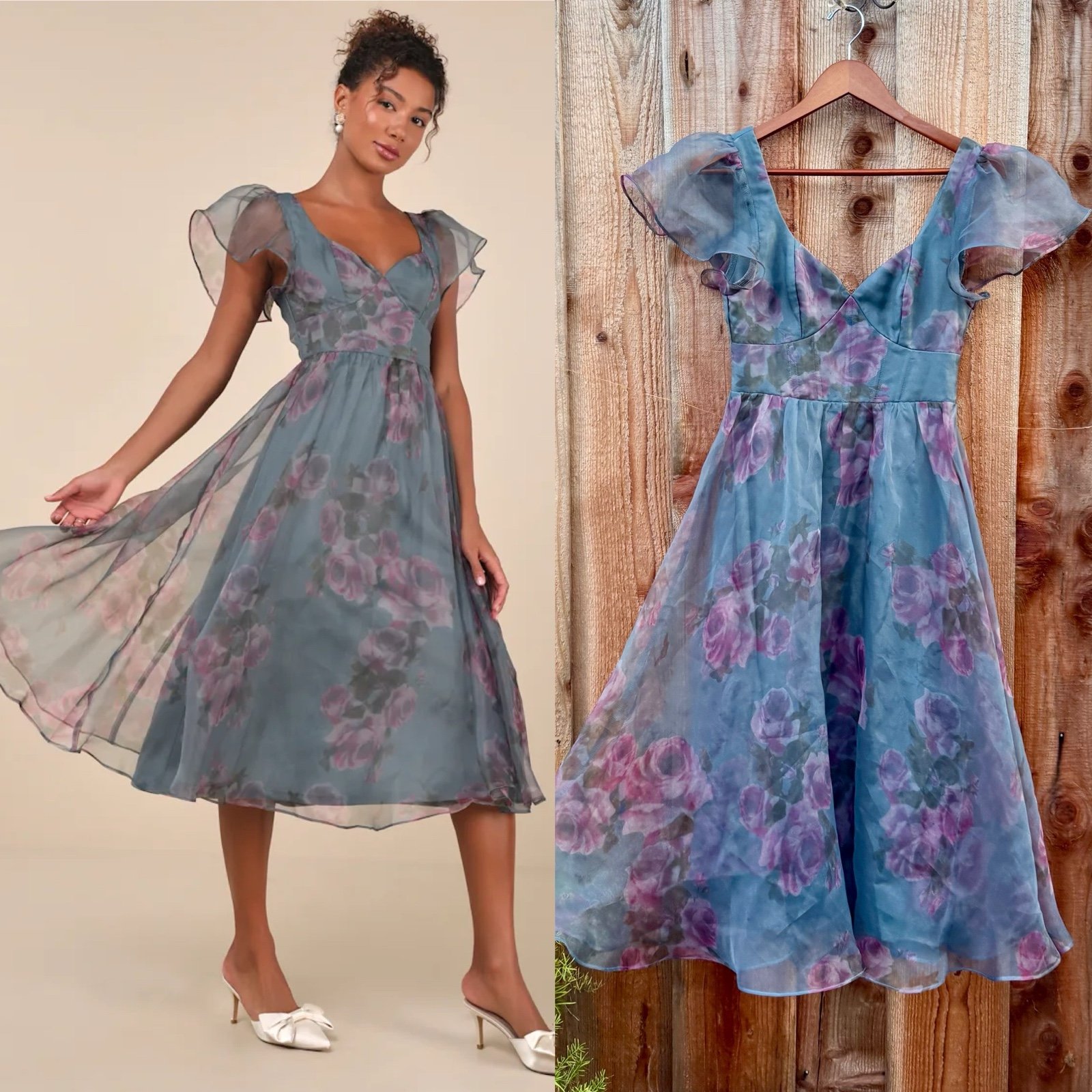 Slate Blue and Pink Floral Organza Ruffled-Sleeve A-Line Midi Dress