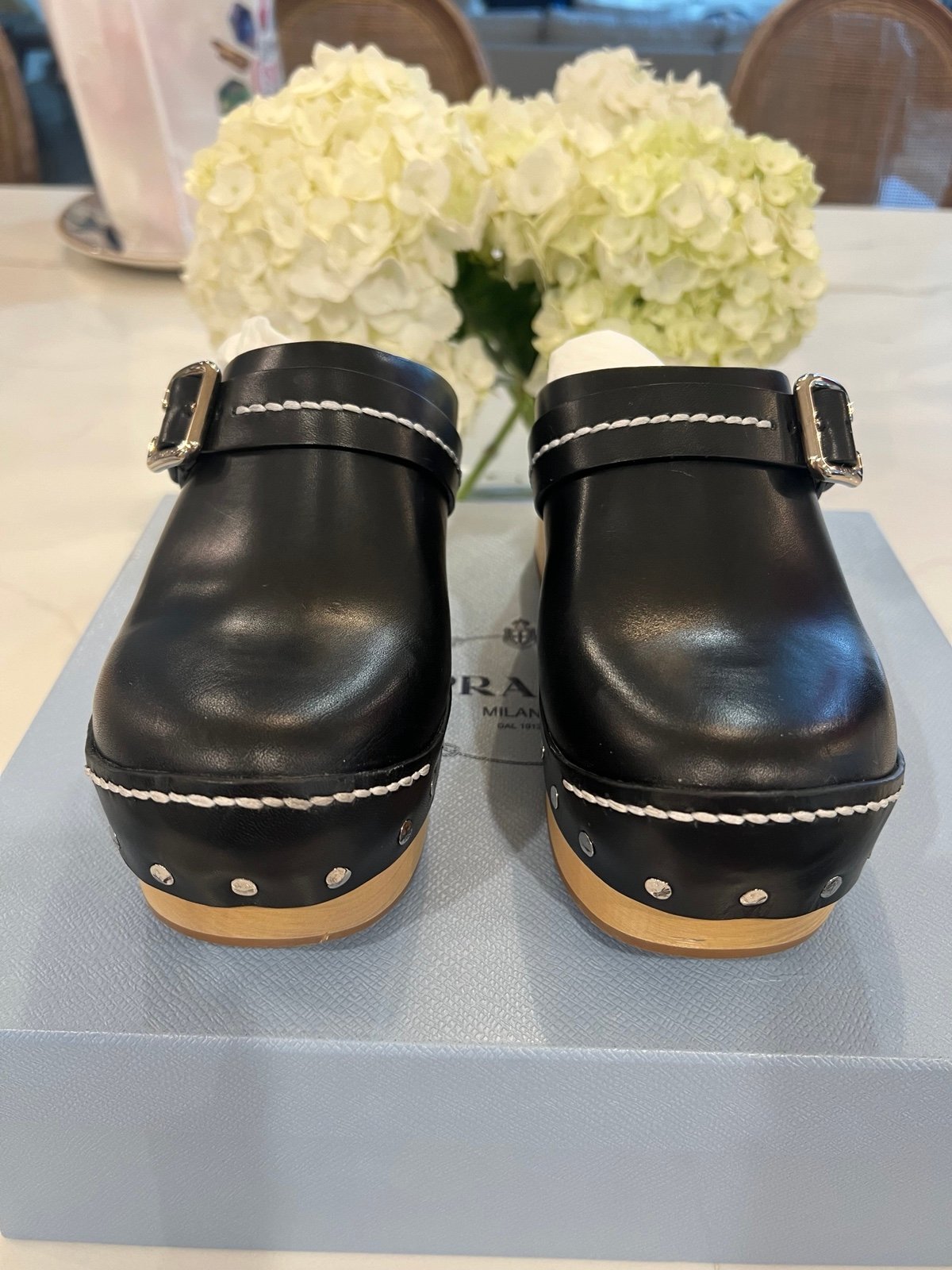Prada Black/Silver Buckle Detail Leather Platform Clogs 6.5