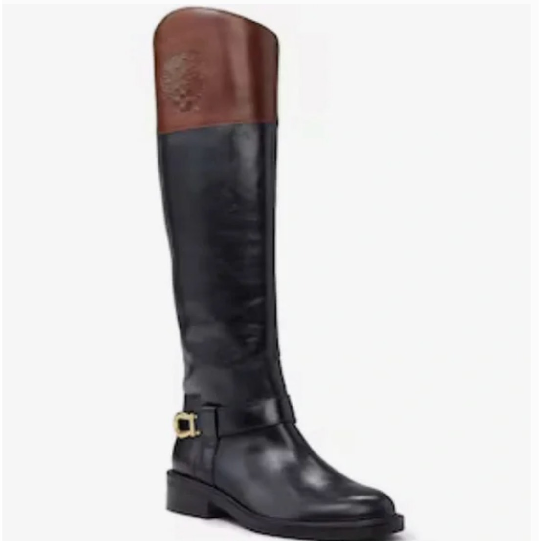 Vince Camuto Amanyir Riding Boots 5 NWOT Black Tan Tall Knee High Leather Prep