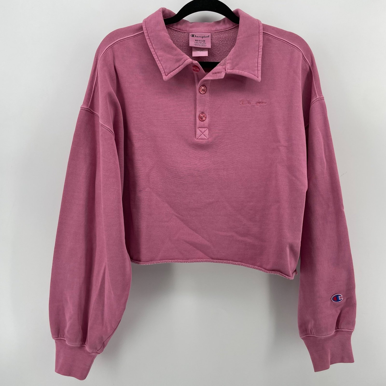 Champion Washed Henley Pullover Vintage Pink Terracotta Cropped M