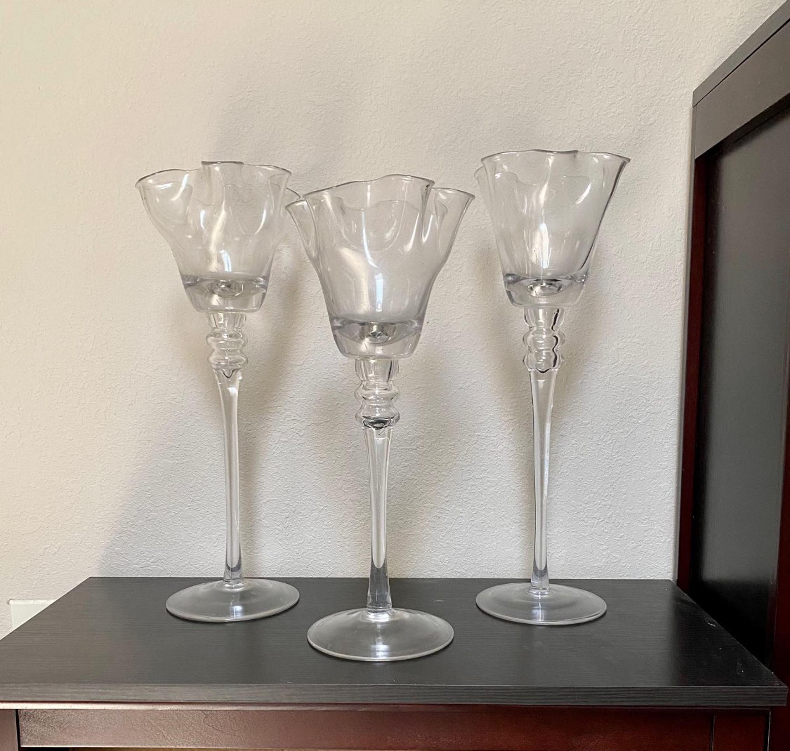 Set Of 3 Tulliped Tall Glass Candleholde