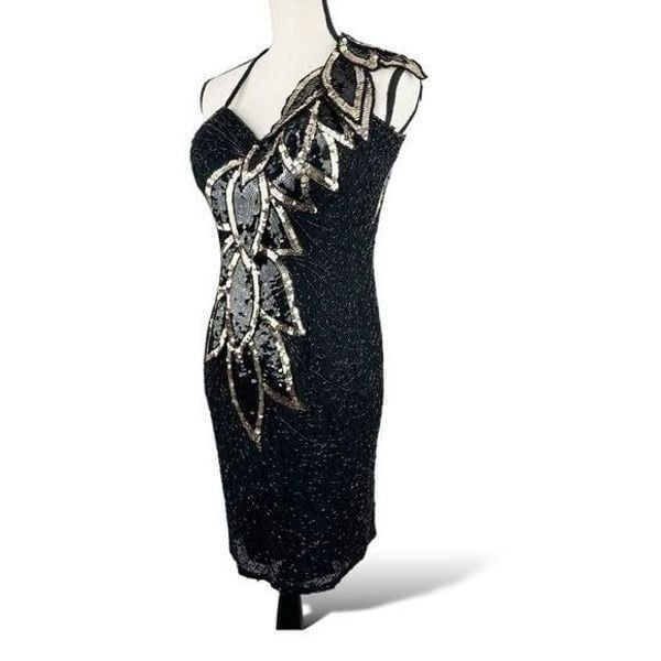 80s/90s Nite Line Silk Heavily Beaded Black And Gold Dress Sequined Leaf Pattern
