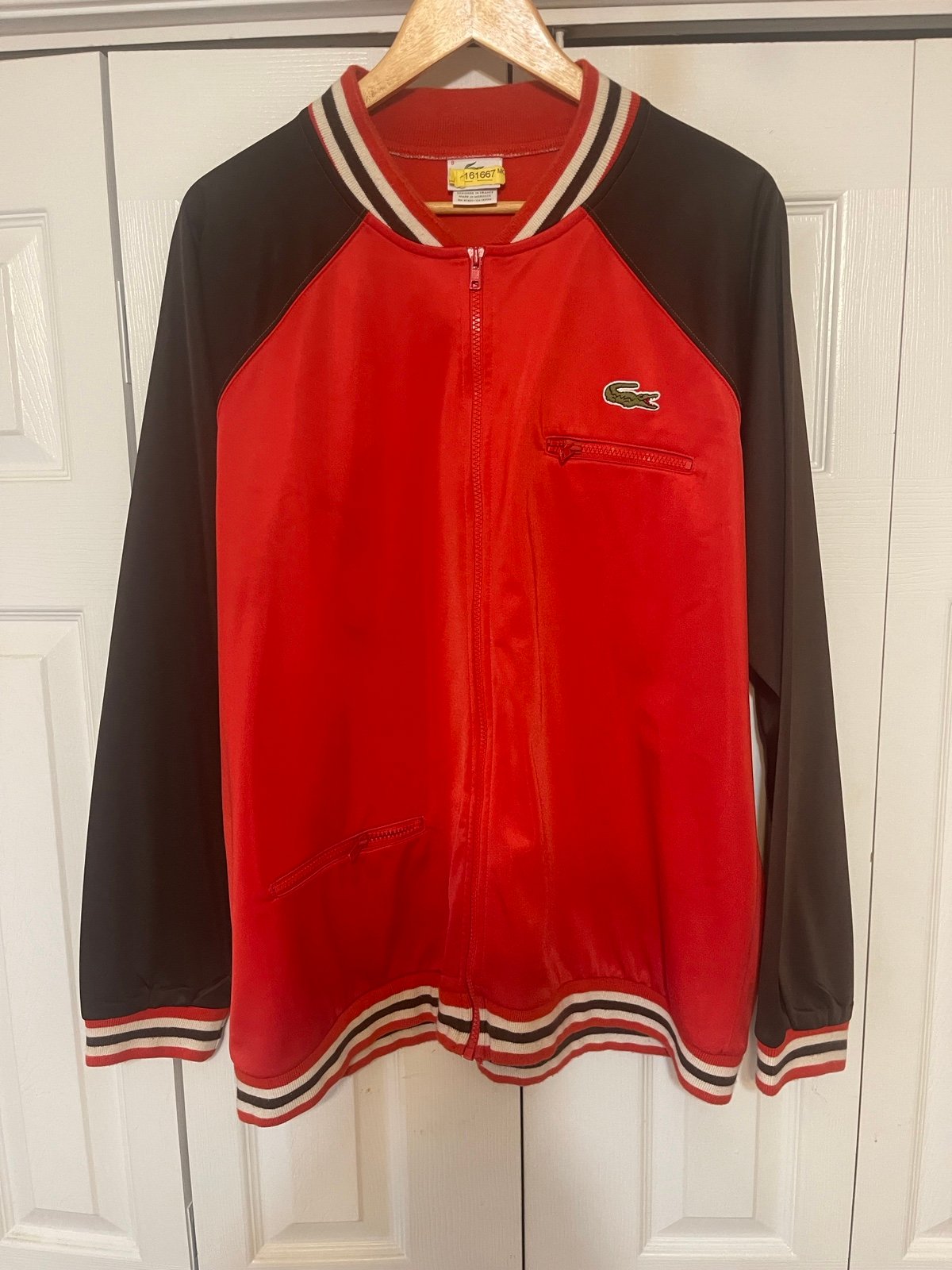 Lacoste Mens Track Jacket Red Plack Raglan Sleeves Banded Collar Full Zip 8 XL
