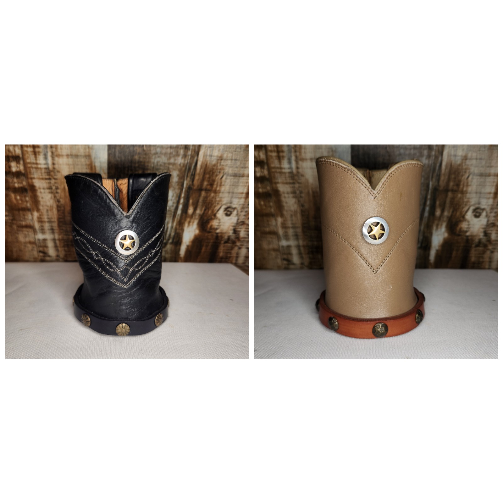 Vtg Leather Boot Cowhide Concho Western Beer Can Bottle Holder Koozie Set Pair