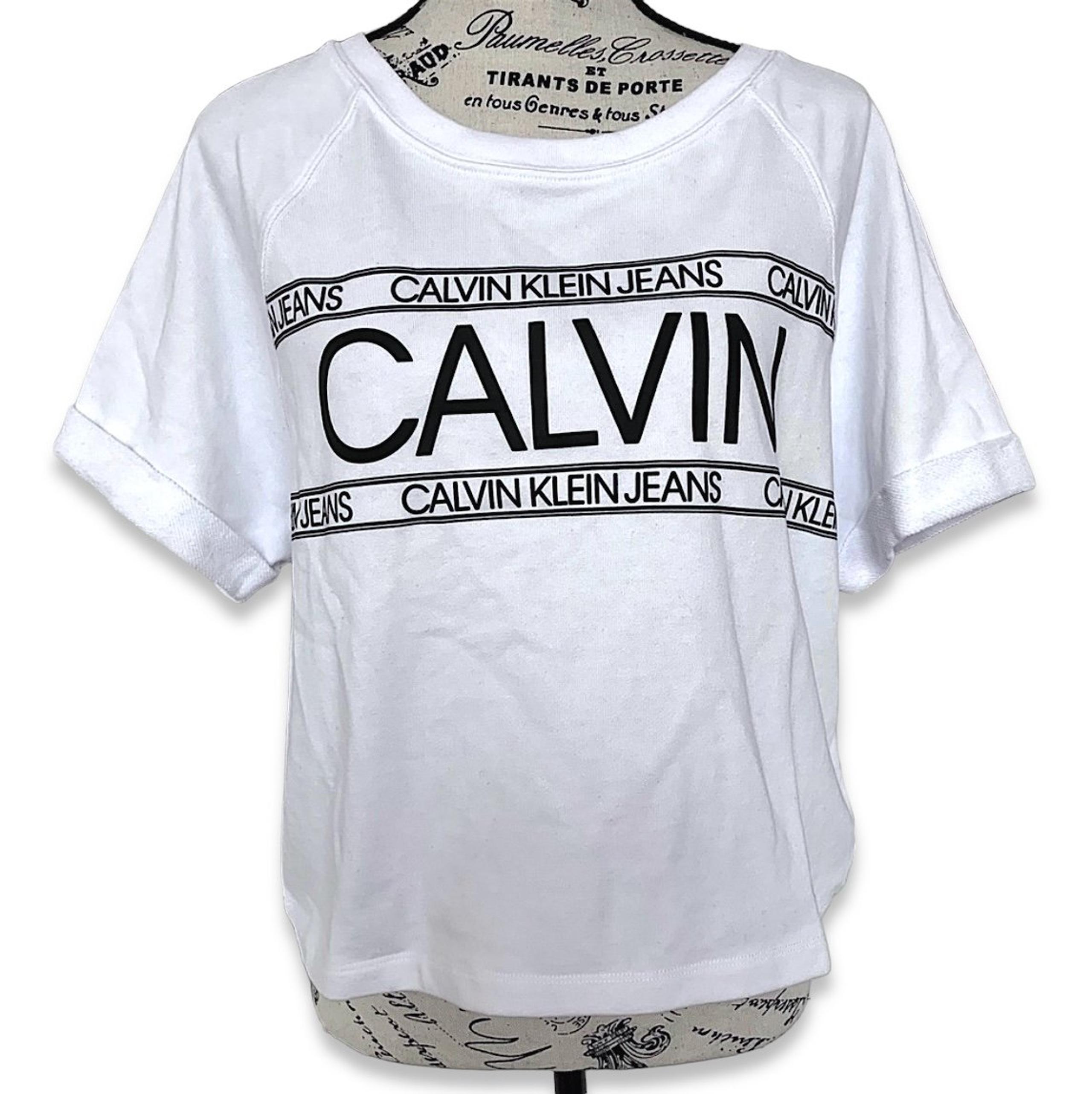 NWT Calvin Klein White Short Sleeve Cropped Sweat Shirt Top Size Large