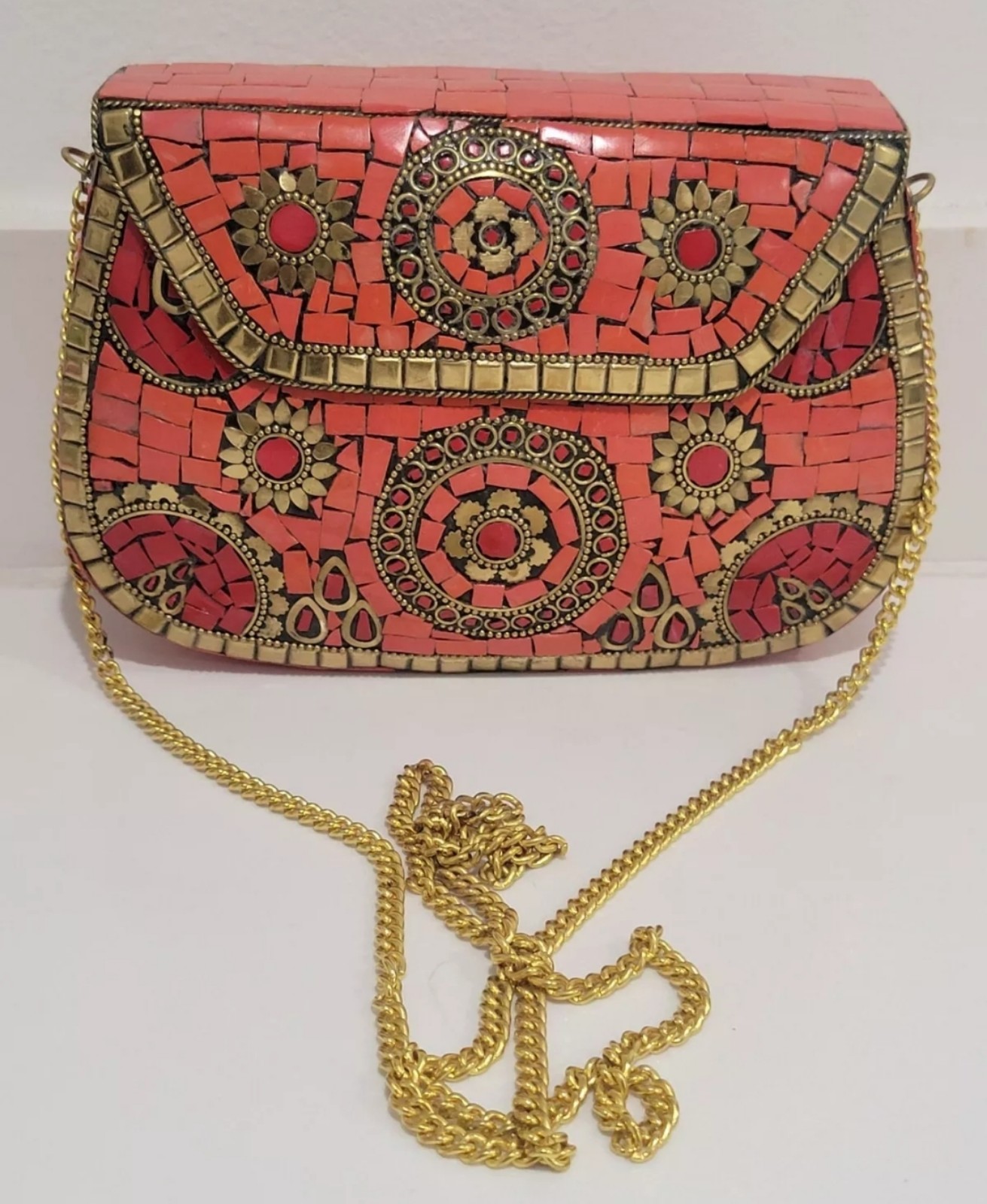 Indian art Handmade Multi color Stone mosaic metal bag Women/Girls Bridal clutch