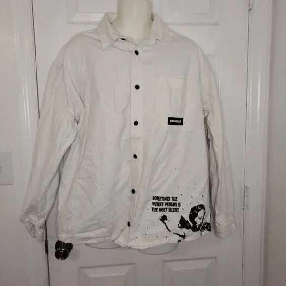 ZARA OVERSIZED PRINT WHITE JEAN JACKET SIZE XL