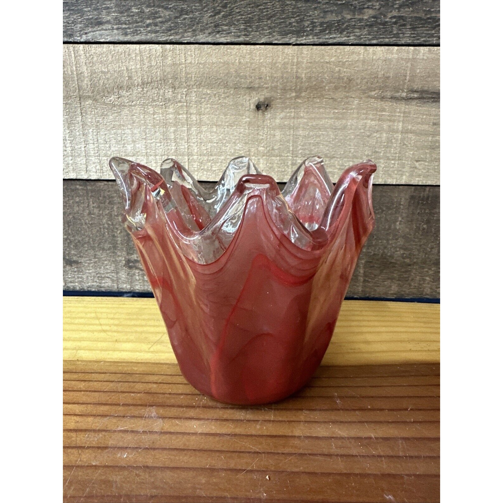 Murano Style Amber Pink Hand-Blown Glass Fluted Handkerchief Vase Candle Holder