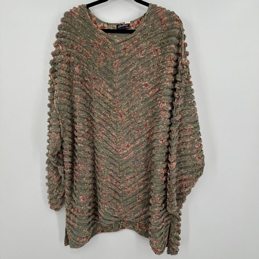 Vtg Sue Blue New York Sweater Dress Womens Large Multi Floral Ribbed Round Neck