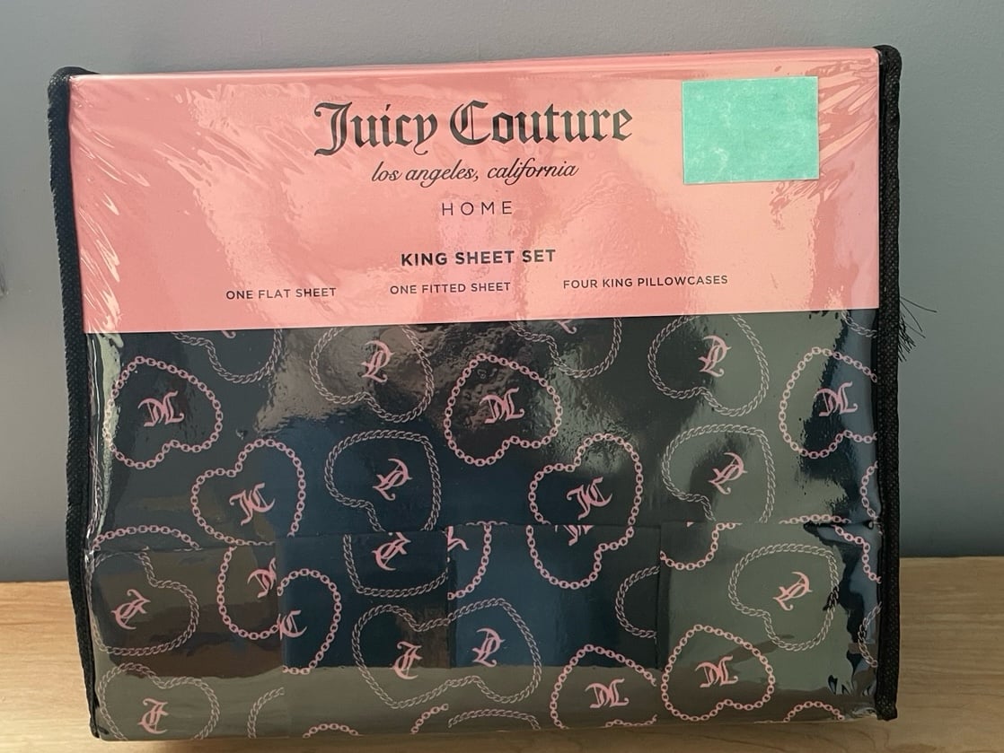 6pc King Juicy Couture Black with Pink Monogram Hearts Sheet Set