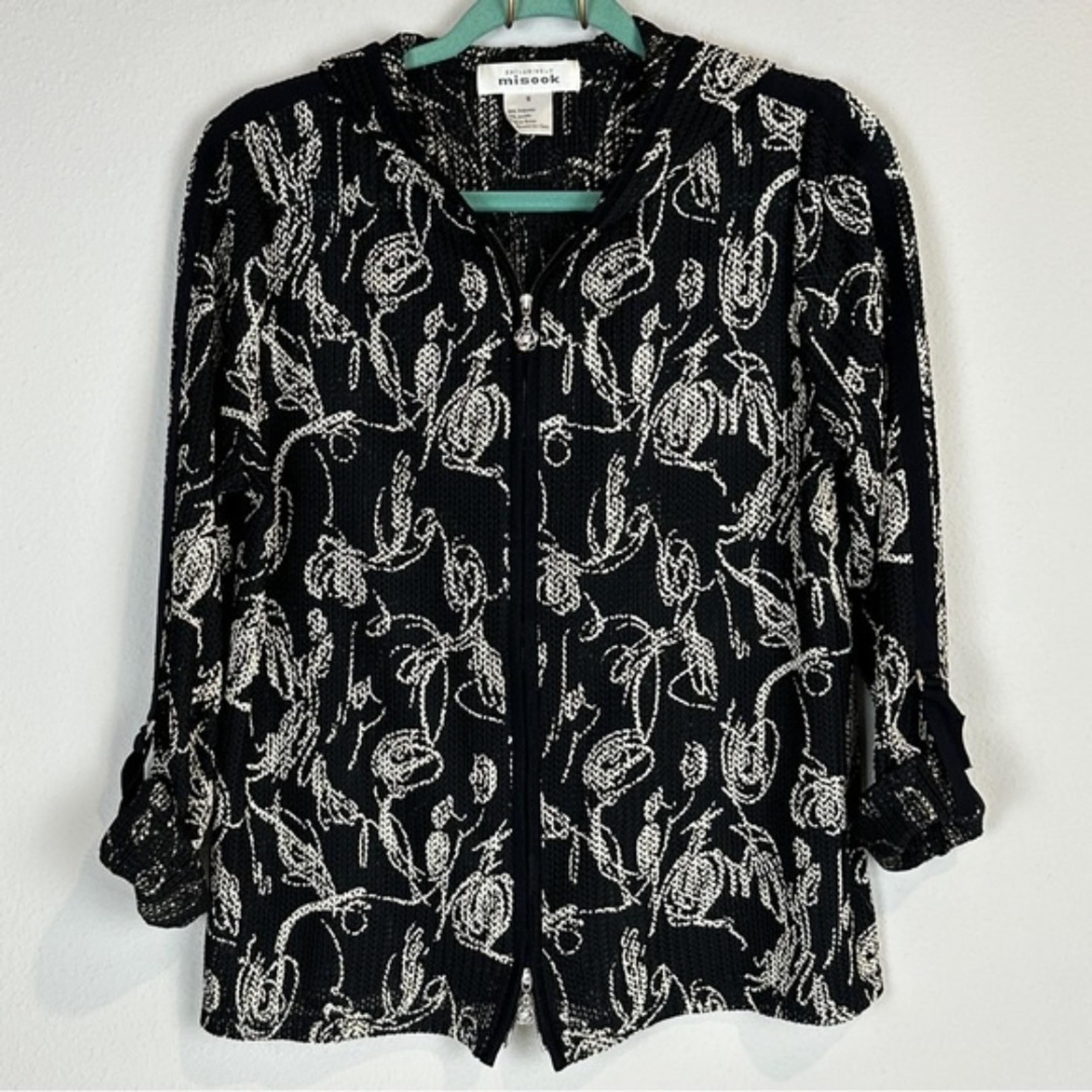 Misook Black Floral Delicate Knit Hoodie Convertible Sleeve Full Zip S
