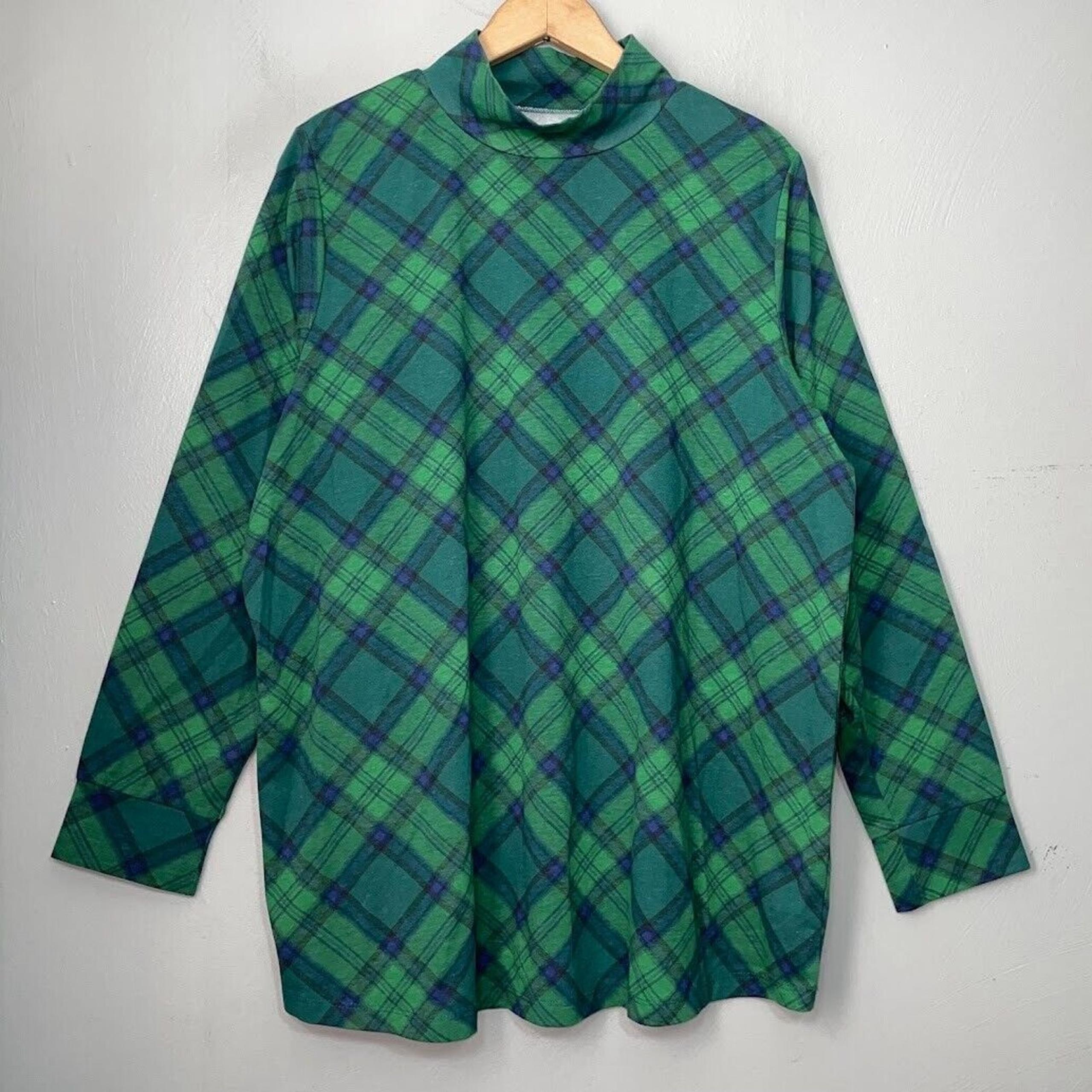 Woman Within Plus Size L 18 20 Green Blue Plaid Turtleneck Mock Neck Knit Top