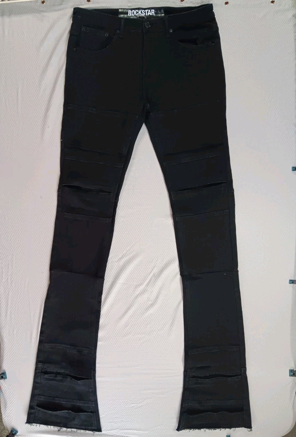Rockstar Original Black 36x46 Stacked Flare Boot Frayed Denim Jeans