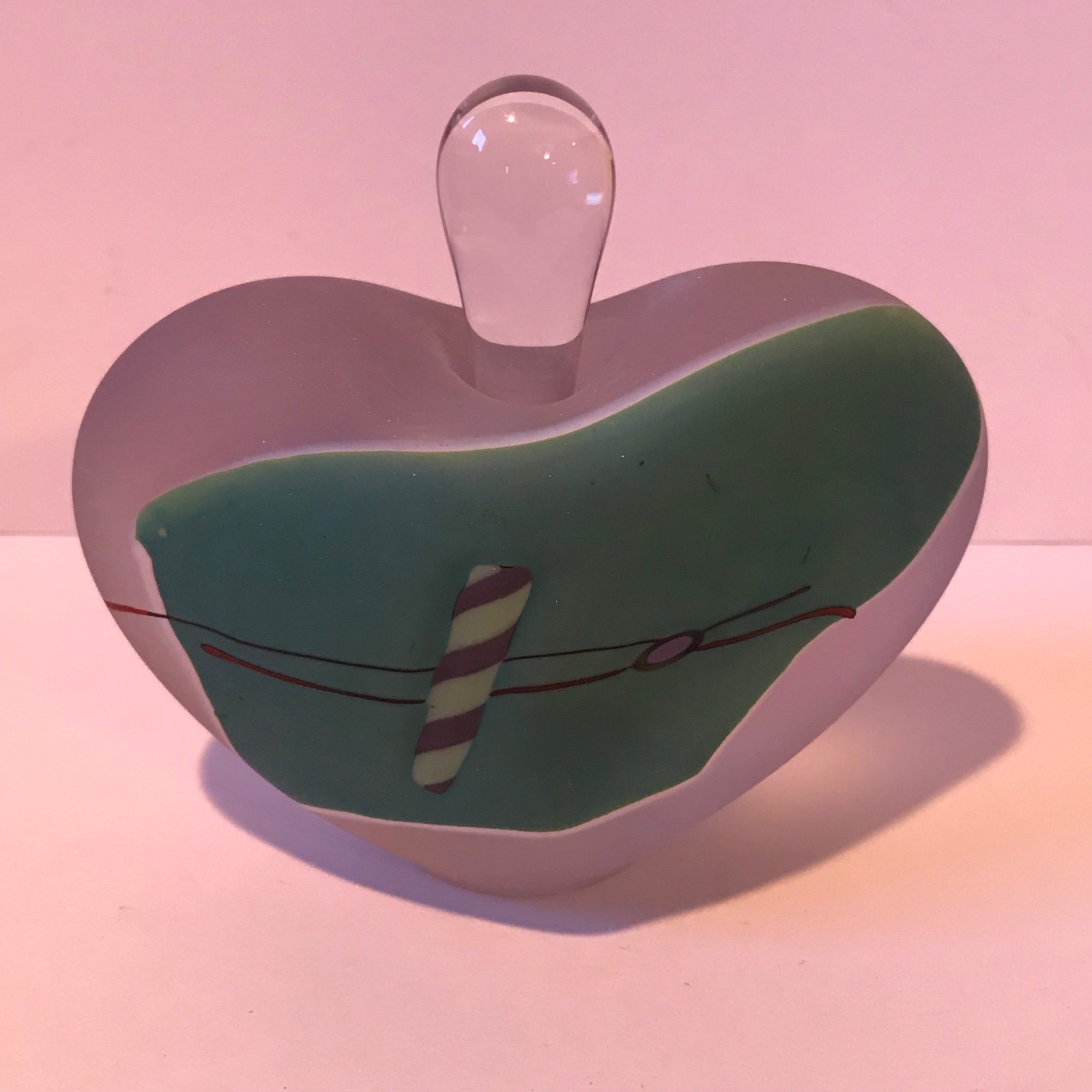 Vintage James Wilbat Frosted Elongated Perfume Bottle Heart Shape 1991 signed - detail