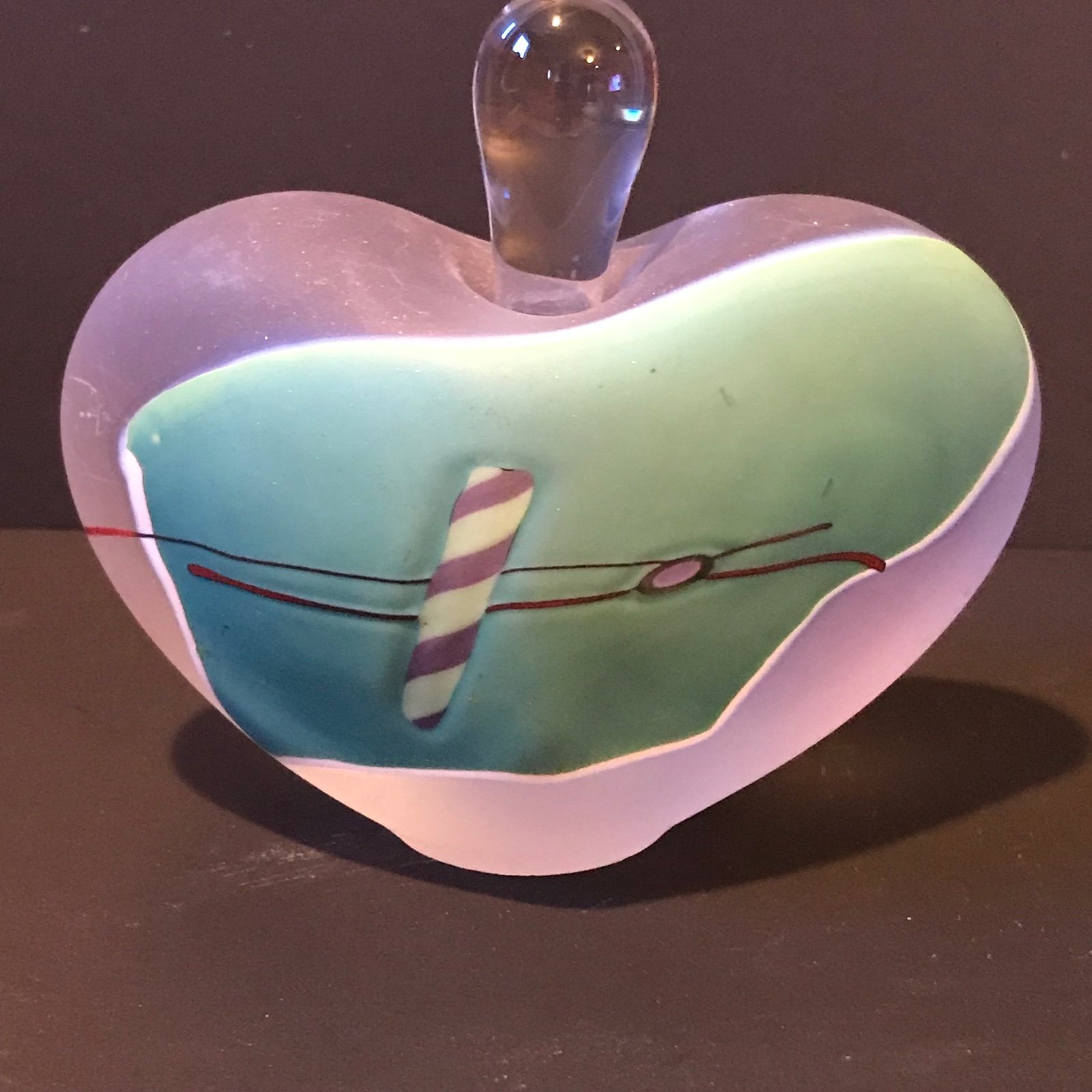 Vintage James Wilbat Frosted Elongated Perfume Bottle Heart Shape 1991 signed - detail