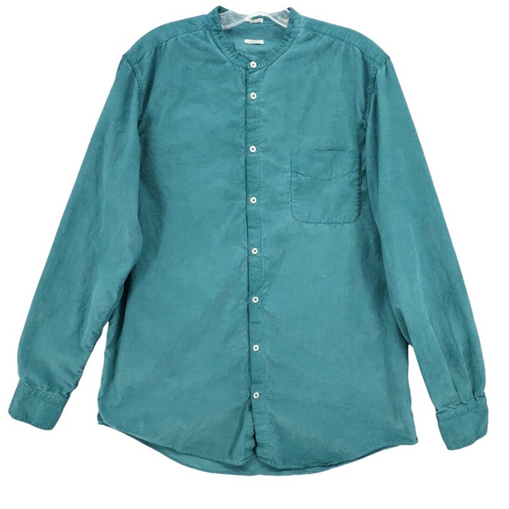 MASSIMO ALBA Teal Corduroy Shirt Band Collar Made in ITALY 100% Cotton MEDIUM
