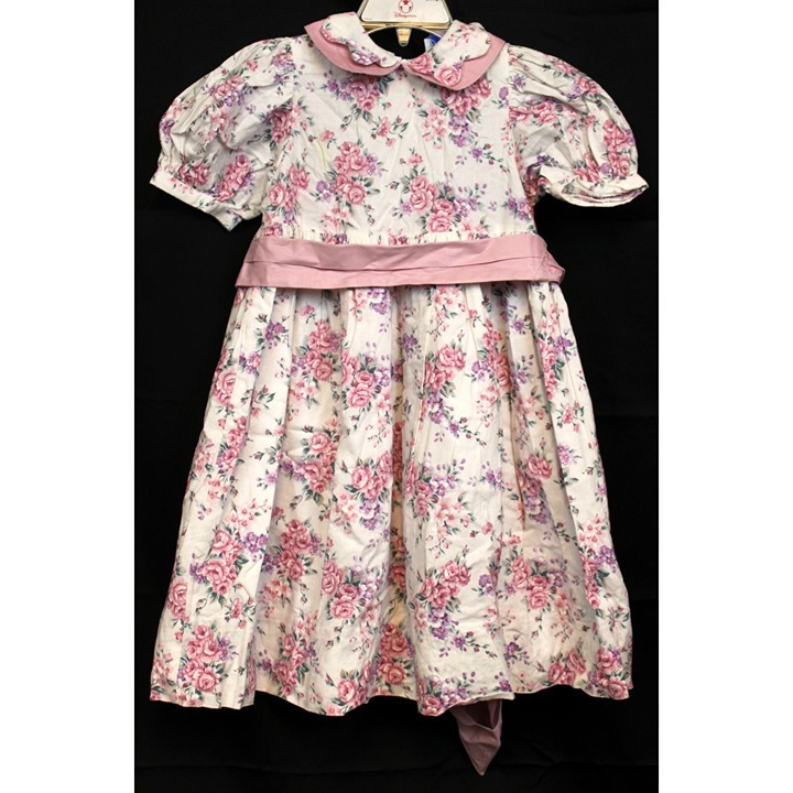 Vtg 90s Jan Briggs Pink Cabbage Rose Dress 4T Scallop Collar Sash Spring Easter