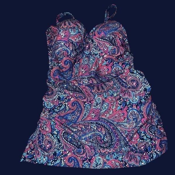 NWT Profile by Gottex Ruched Paisley Swim Dress Swimsuit Adjustable Straps Size