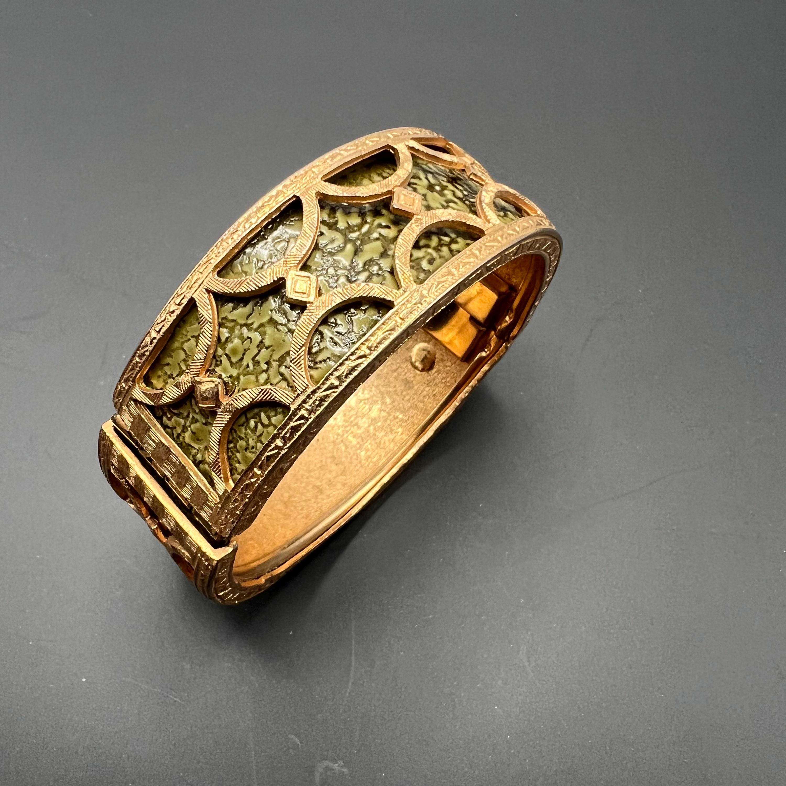 Vintage Victorian Revival gold plated enamel Hinged Bangle
