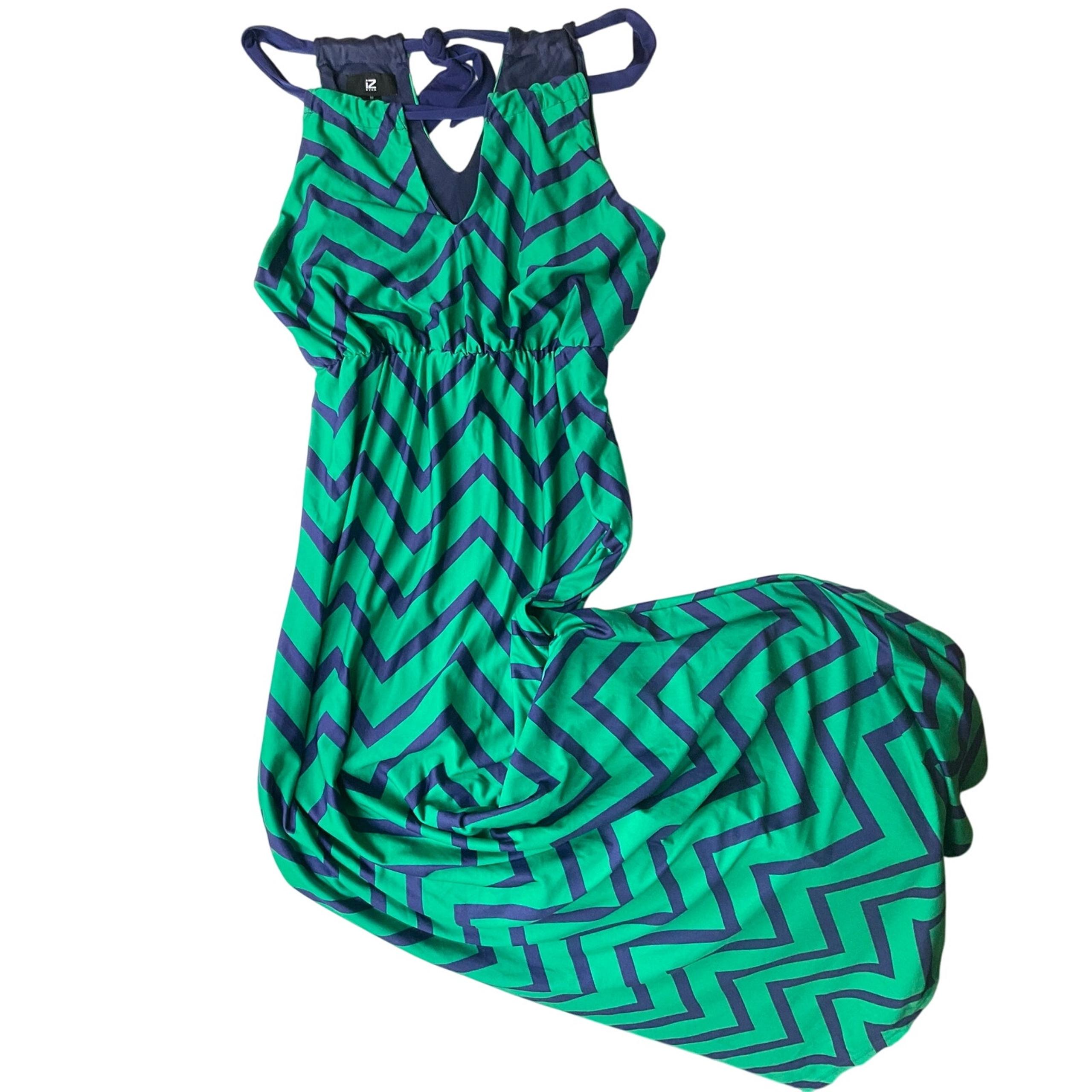 Iz Byer Women Maxi Dress size M Sleeveless Halter V-cut Stretchy Green & Blue
