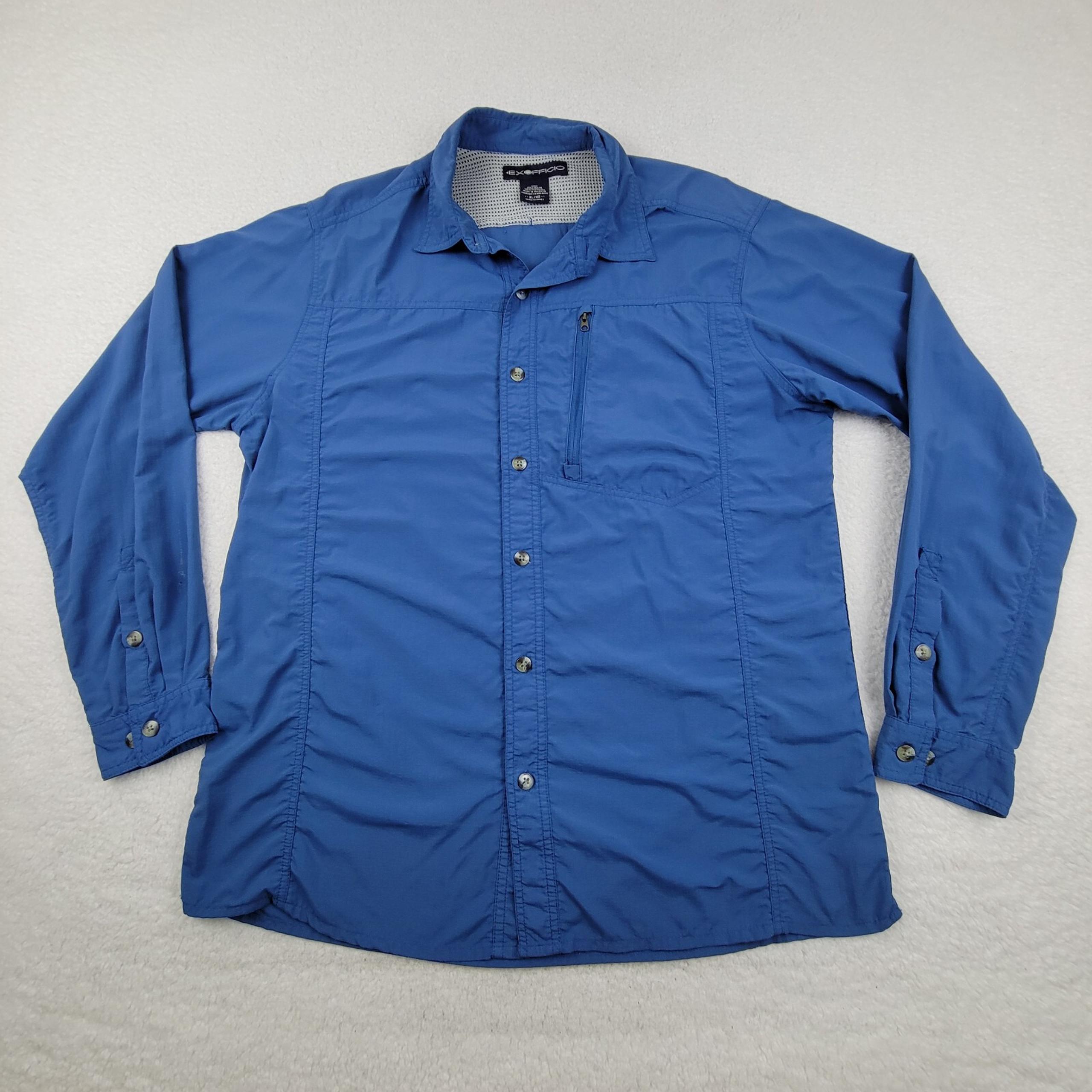 Exofficio Button Up Shirt Mens XL Blue 100% Nylon Long Sleeve Vent Back *READ