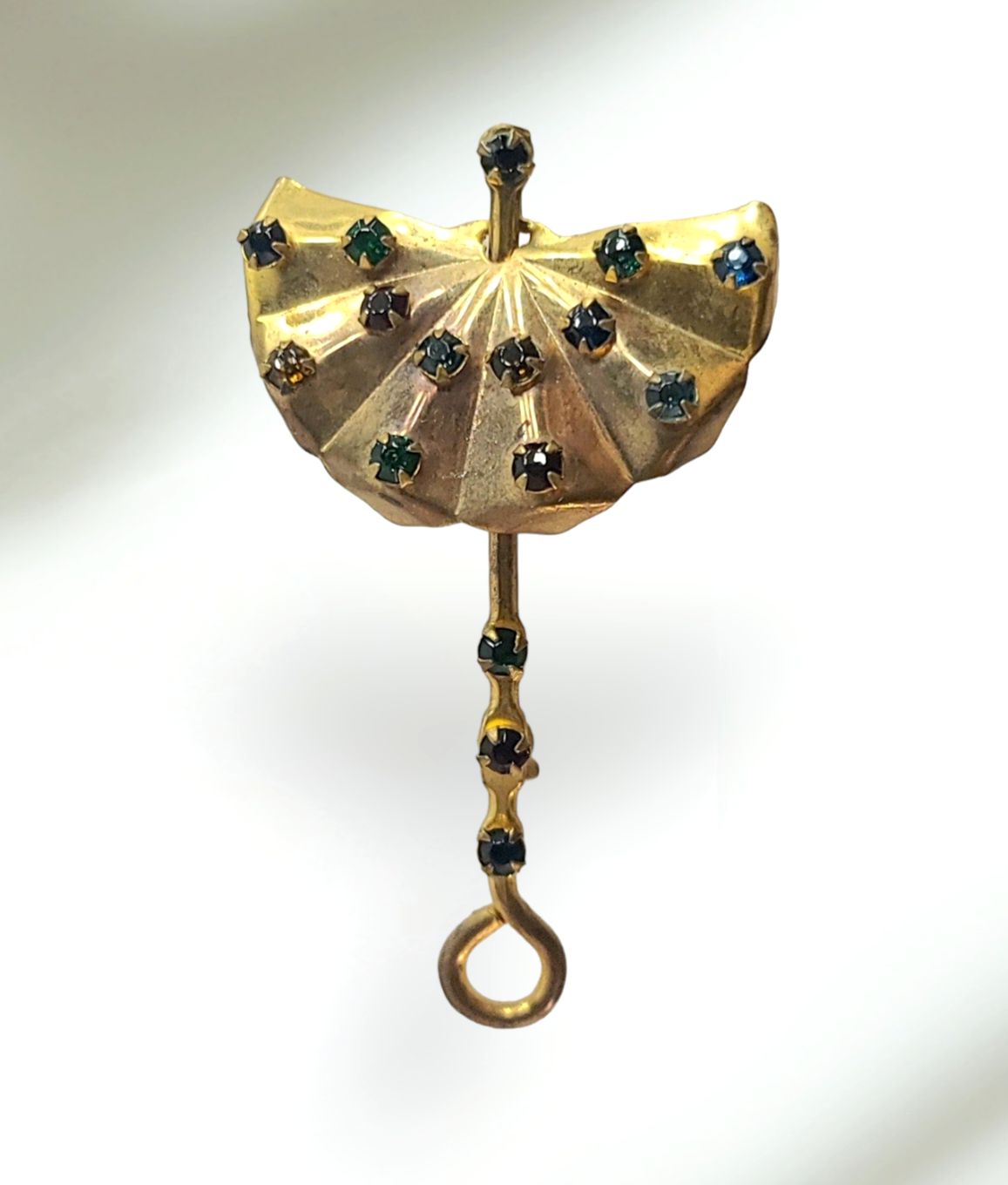VTG Antique Parasol Umbrella Multi Rhinestone Gold Tone Pin Brooch