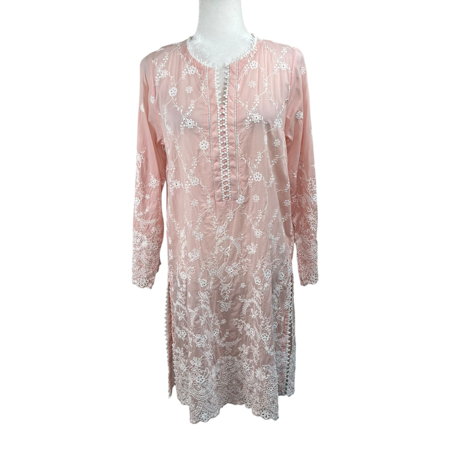 Image Pink White Floral Embroidered Lace Scallop V-Neck Kurta Tunic Top Medium