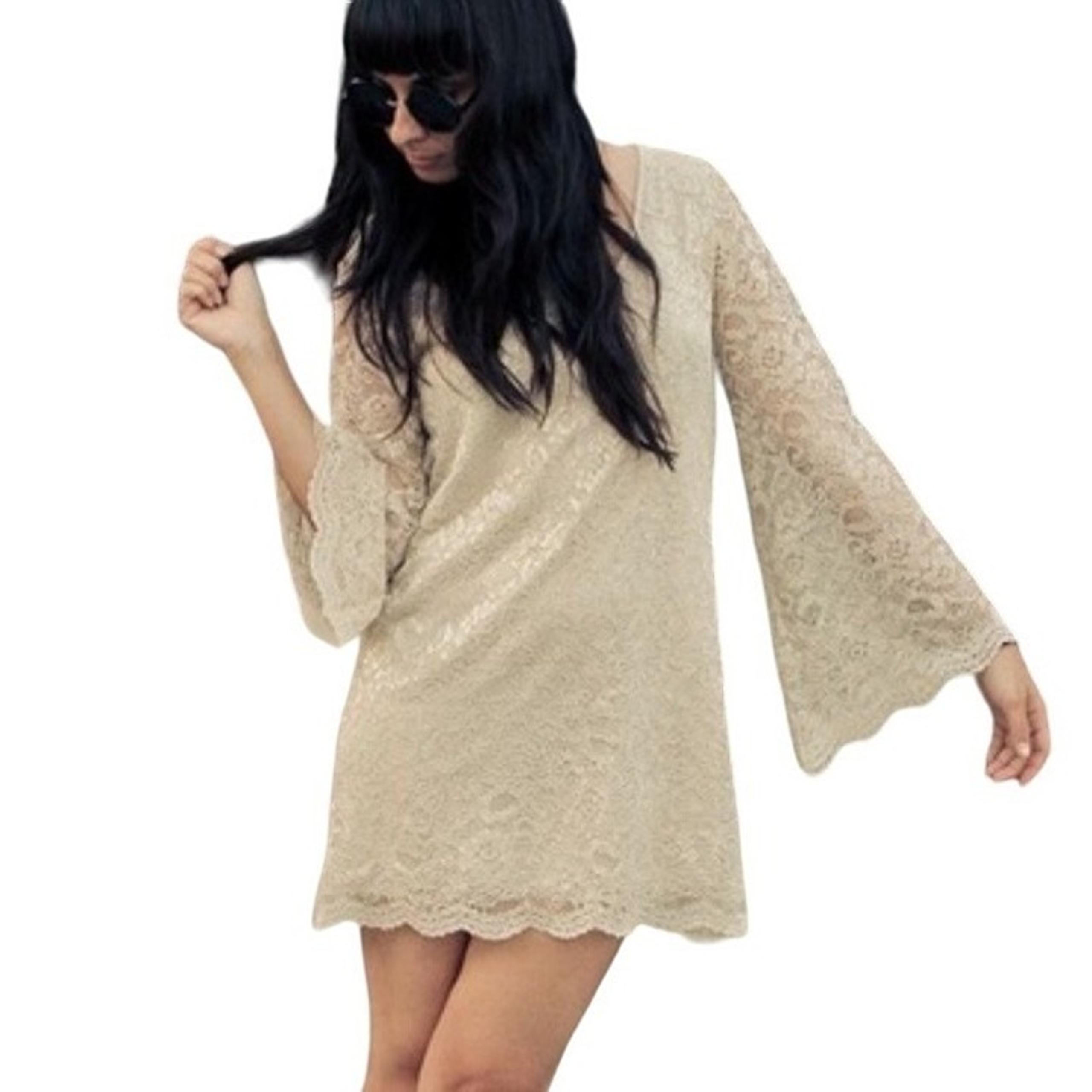 Audrey 3+1 Lace Cocktail Mini Dress M Bell Long Sleeves Scoop Neck ivory Beige