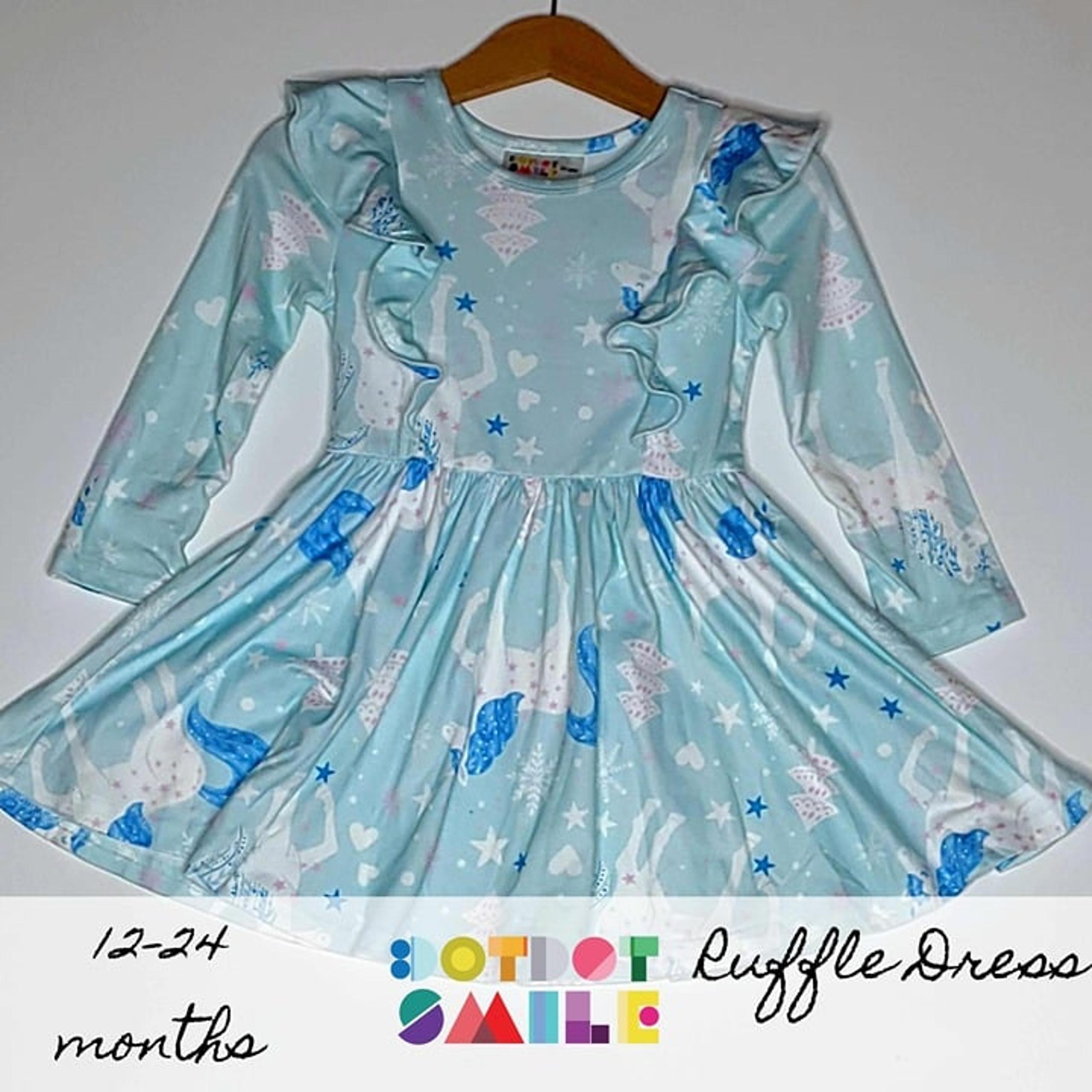 DotDotSmile size 12-24 months Ruffle Dress - Blue with unicorns print - NWT
