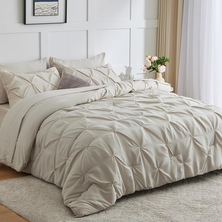 Queen Comforter Set - 7 Pieces Comforters Queen Size Bedding Sets Beige