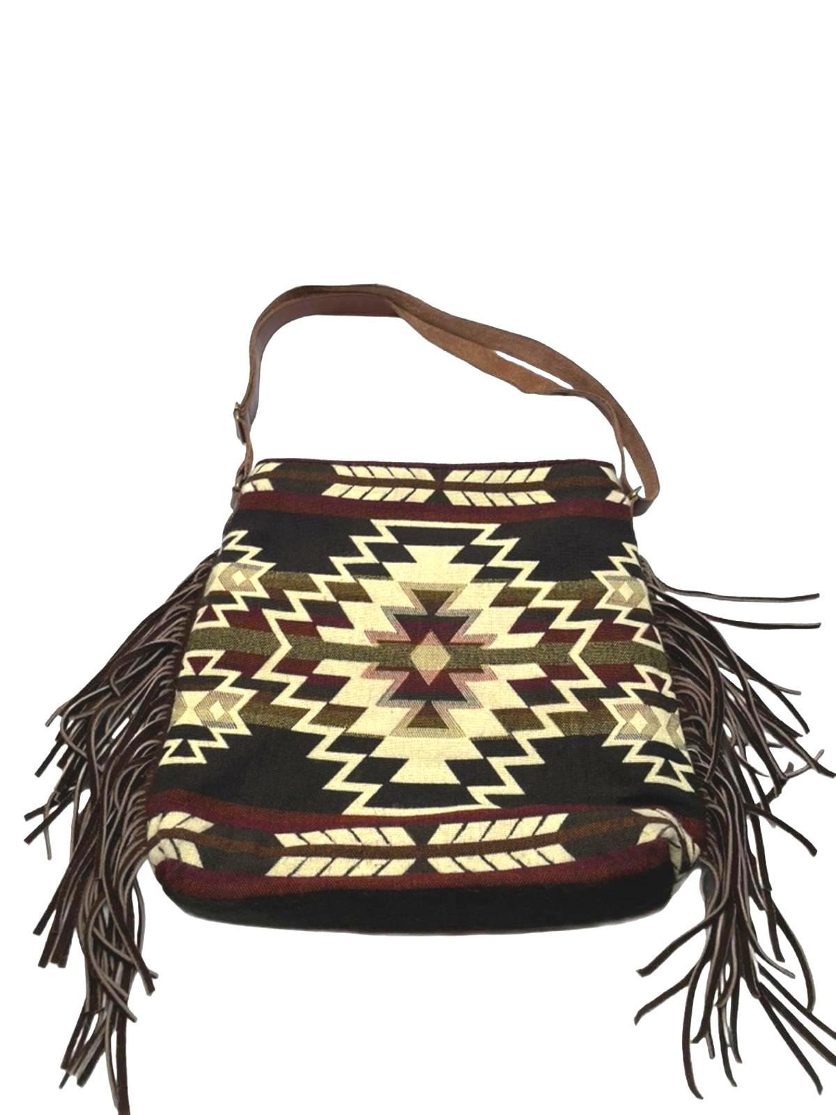 DAKY Wool Aztec Leather Fringe Boho Shoulder Bag Handmade