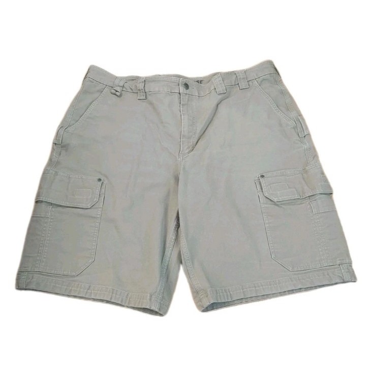 Duluth Flex Fire Hose Carpenter Shorts Men Sz 44 Canvas Cargo Work Gorp Khaki