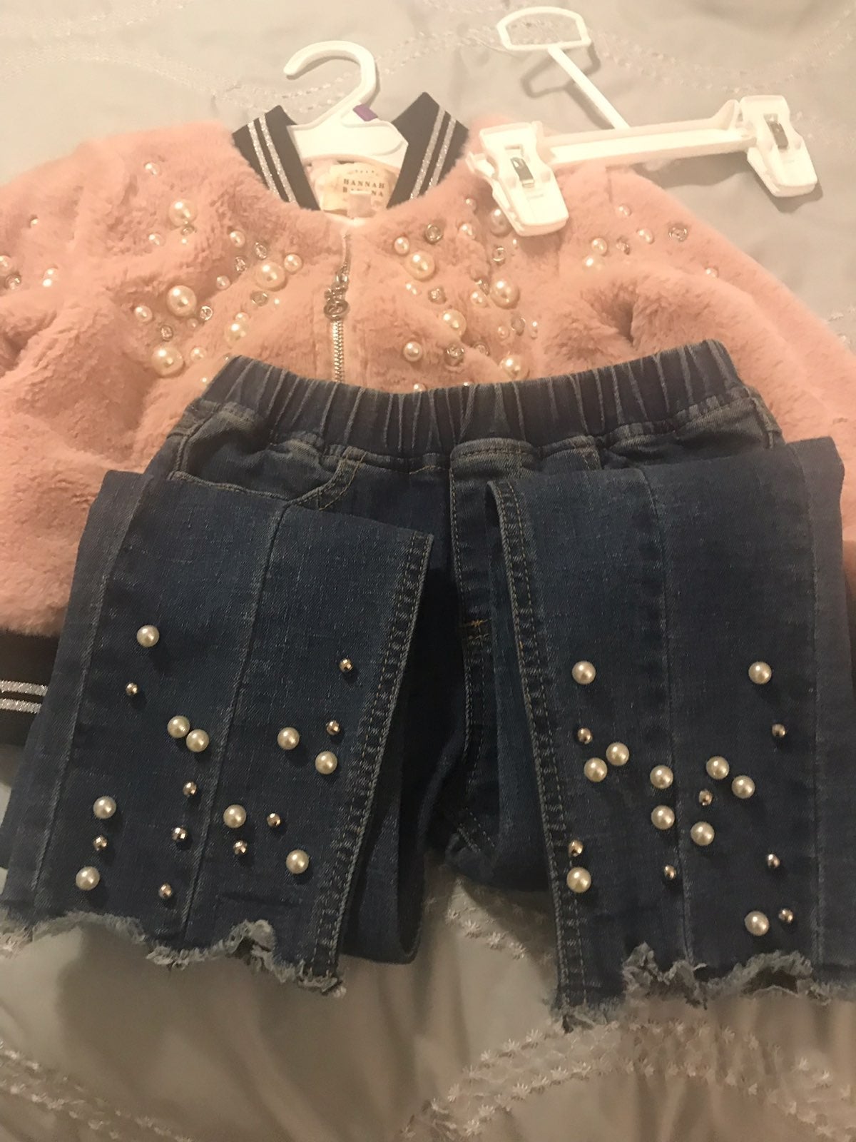 SOLD Pearl Embellished Faux Fur Bomber Jacket