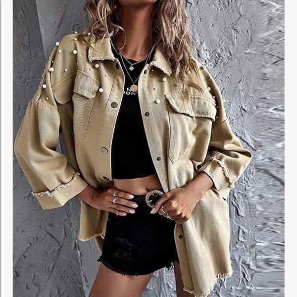 JUST IN Khaki Pearl Beaded Jacket Coat