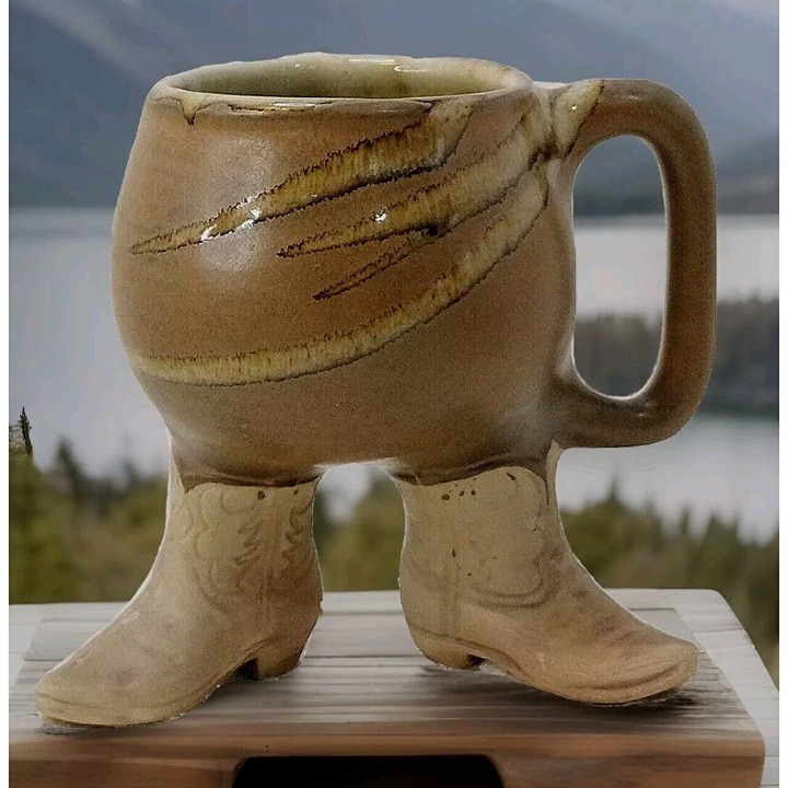 Unic Western Boots Coffee Mug Five Gridges Inc 1560 Brown Glaze 4 1/2