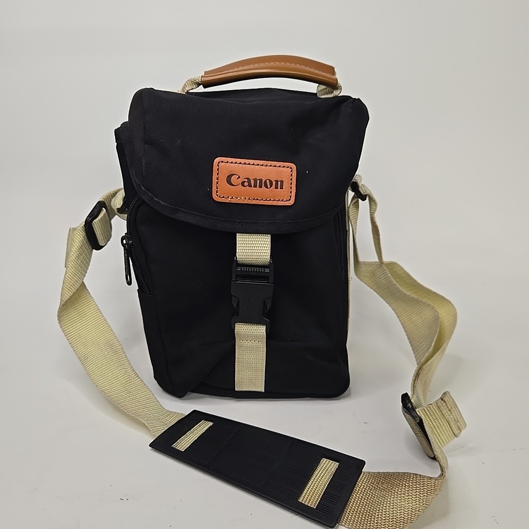 Vintage Black Tan Canvas Canon Camera Shoulder Bag With Adjustable Strap Badge