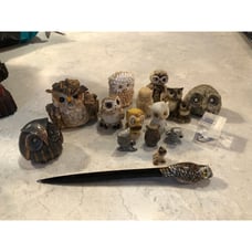 15 Owls made in metal,Bark,Shells,Porcelain, Rock, Plexi All Different 1-3”