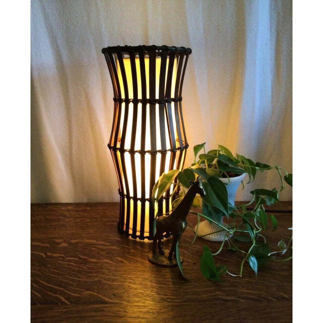 Accent Lamp-Bamboo/Rattan Cylinder -Tabletop- Vintage - Tiki Styled - Boho -Chic