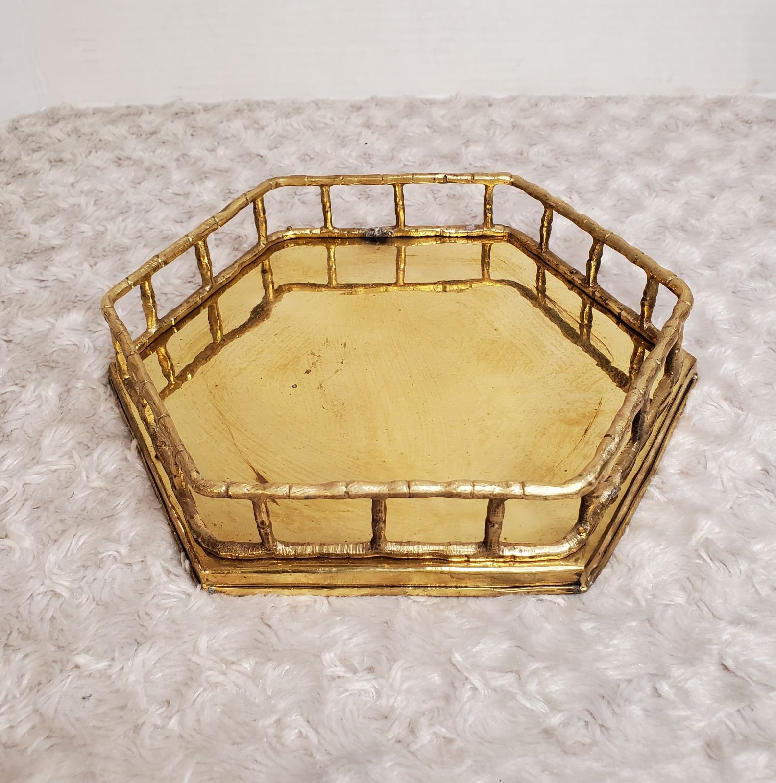 Vintage Hollywood Regency Brass Jewelry Tray Hexagon Shaped Faux Bamboo Style