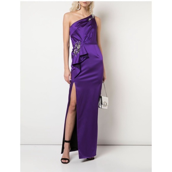 Marchesa Notte One Sleeve Appliqué Purple Gown